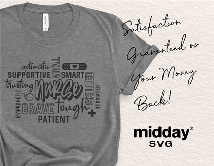 Gray t-shirt featuring nurse-themed word art with words like 'supportive' and 'brave' plus satisfaction guarantee text, by Midday SVG.