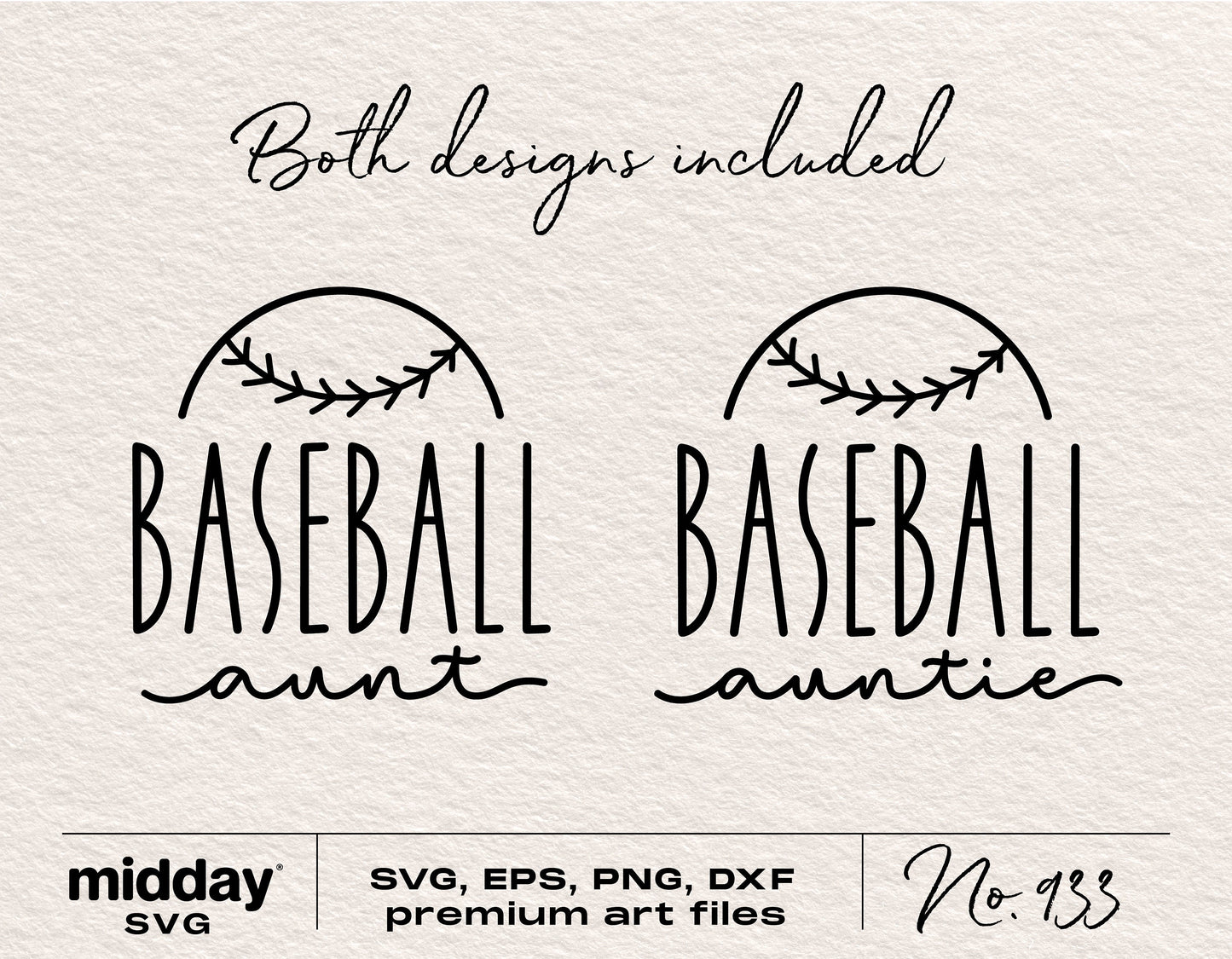 Baseball Aunt and Auntie SVG designs with ball graphic, available in SVG, EPS, PNG, and DXF formats for Cricut and Silhouette.
