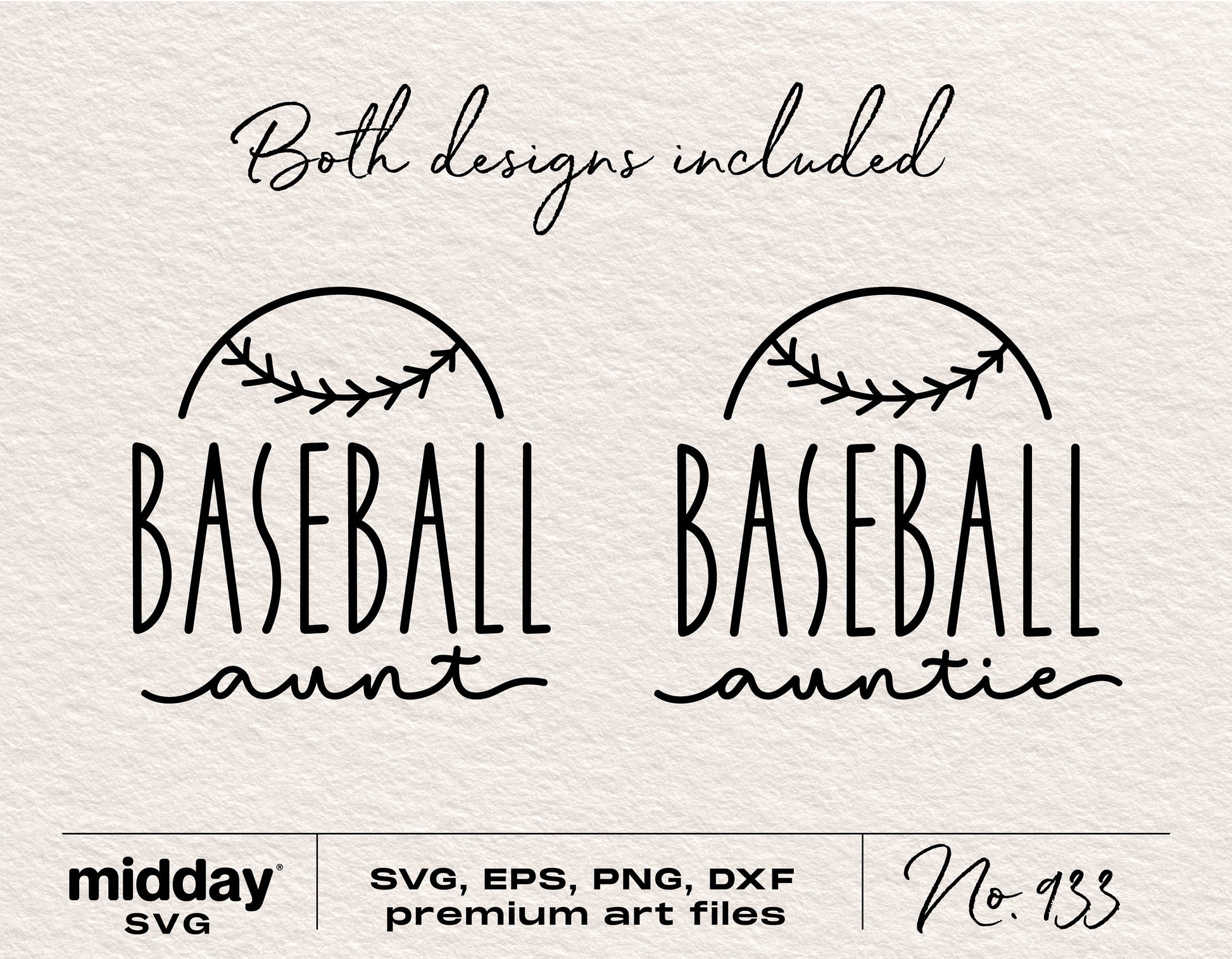 Baseball Aunt and Auntie SVG designs with ball graphic, available in SVG, EPS, PNG, and DXF formats for Cricut and Silhouette.