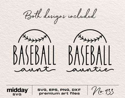 Baseball Aunt and Auntie SVG designs with ball graphic, available in SVG, EPS, PNG, and DXF formats for Cricut and Silhouette.