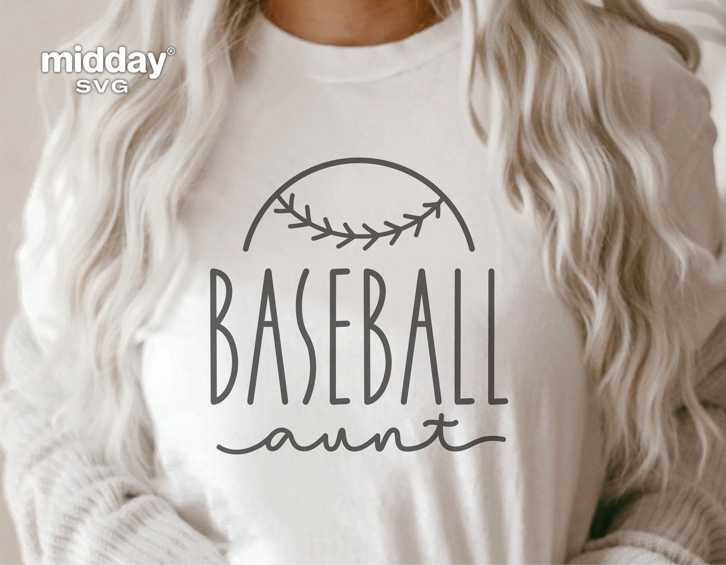 "Baseball Aunt" graphic on a white shirt, designed for Cricut or Silhouette cutting machines, perfect for baseball-loving aunties.