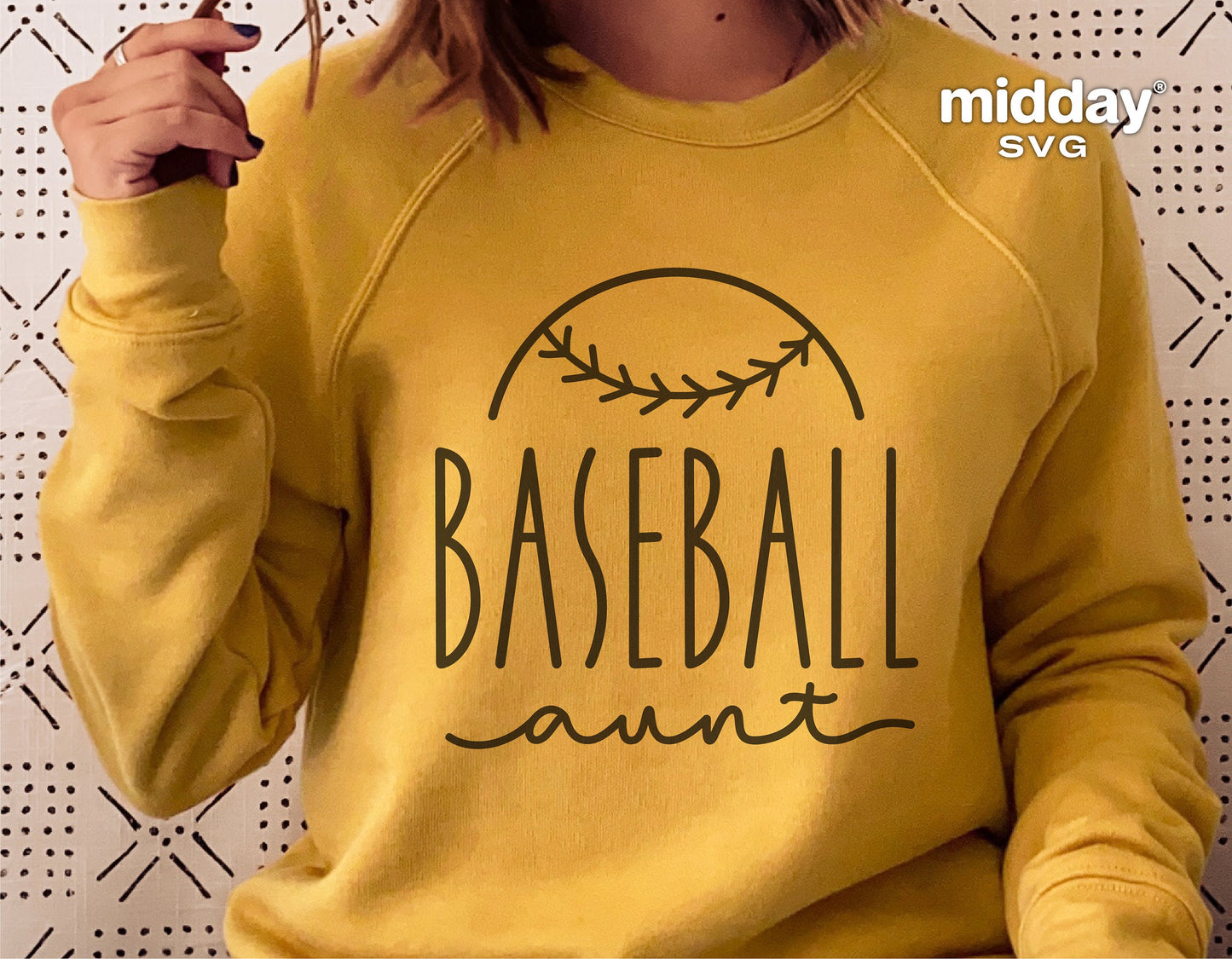 Yellow sweatshirt with 'Baseball Aunt' design, perfect for Cricut and Silhouette projects, showcasing sporty style for aunties.