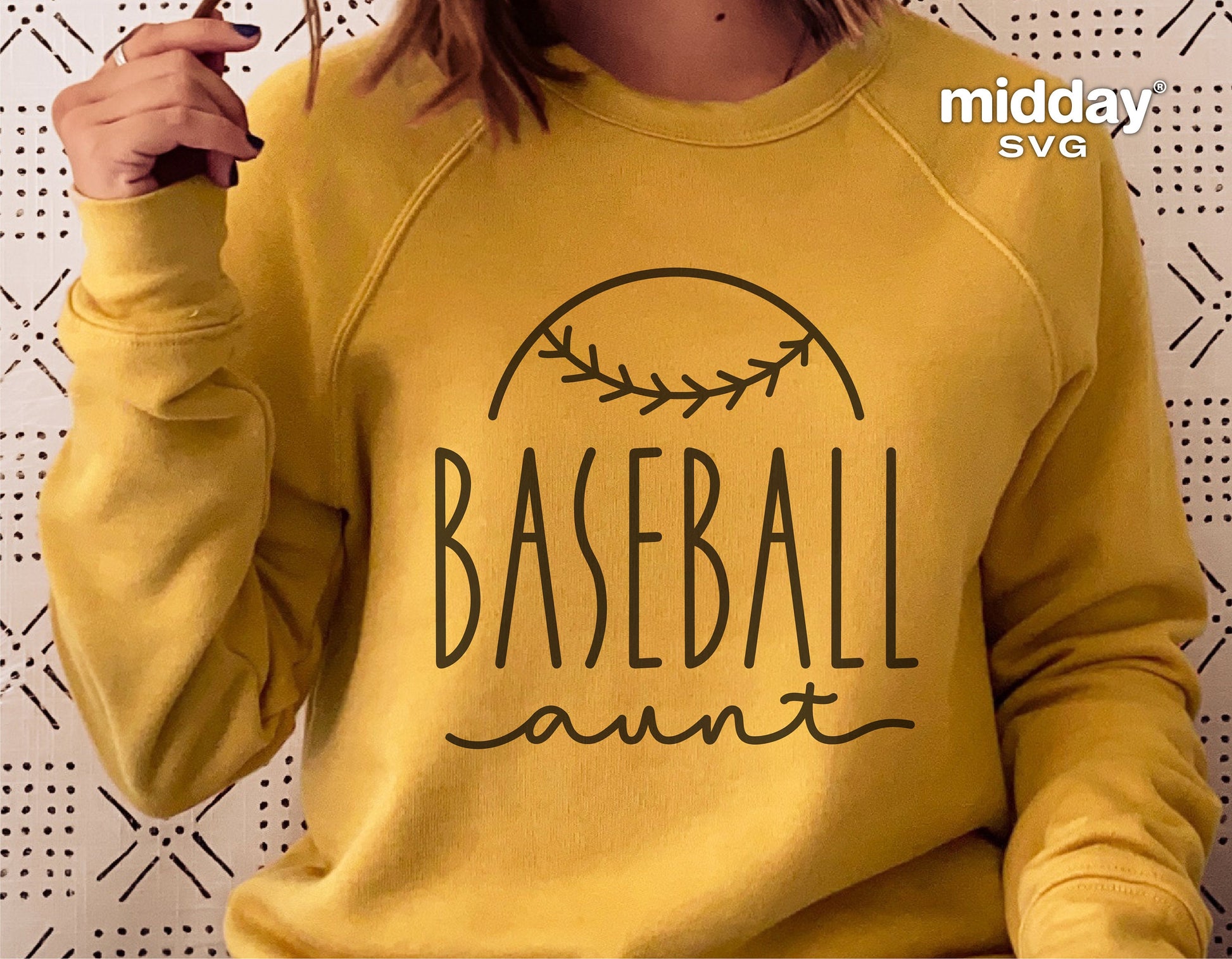 Yellow sweatshirt with 'Baseball Aunt' design, perfect for Cricut and Silhouette projects, showcasing sporty style for aunties.