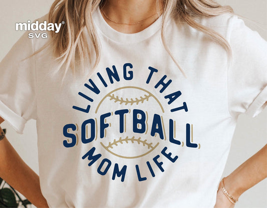 White t-shirt featuring 'Living That Softball Mom Life' design with a baseball graphic for Cricut and Silhouette projects.