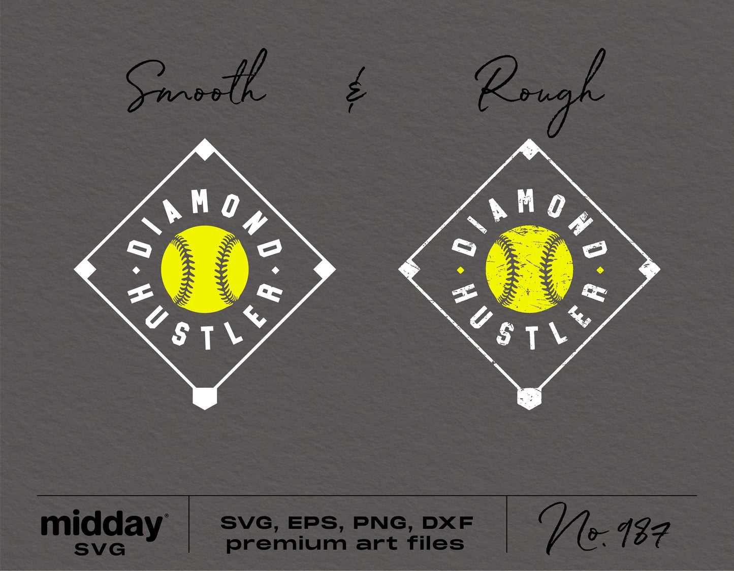 Funny Softball SVG design with 'Diamond Hustler' text for Cricut and Silhouette projects, includes PNG, DXF, and EPS formats for download.