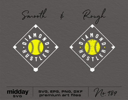 Funny Softball SVG design with 'Diamond Hustler' text for Cricut and Silhouette projects, includes PNG, DXF, and EPS formats for download.