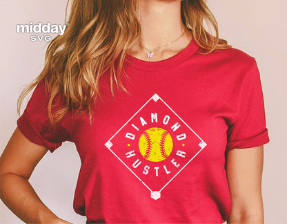 Woman wearing red shirt with 'Diamond Hustler' softball design, ideal for Cricut or Silhouette projects, digital SVG download available.