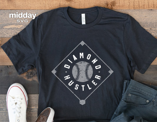Black t-shirt with 'Diamond Hustler' baseball design, ideal for Cricut and Silhouette projects, perfect for baseball players.