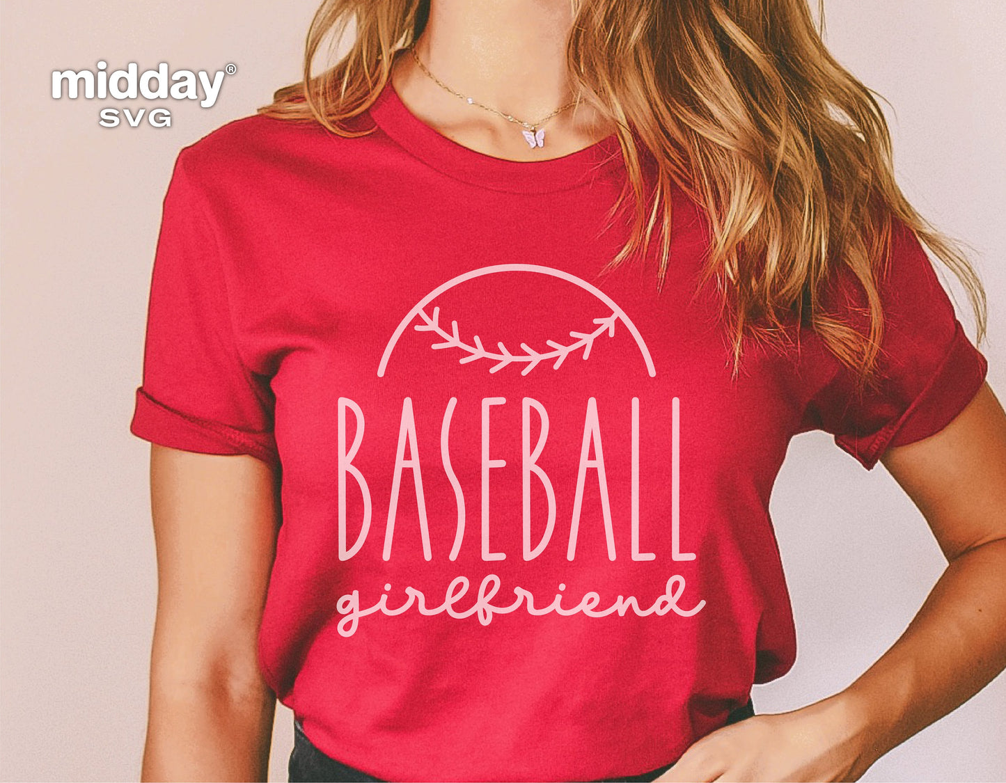 Red shirt featuring 'Baseball Girlfriend' design, perfect for Cricut and Silhouette projects, available in SVG, PNG, EPS, DXF formats.
