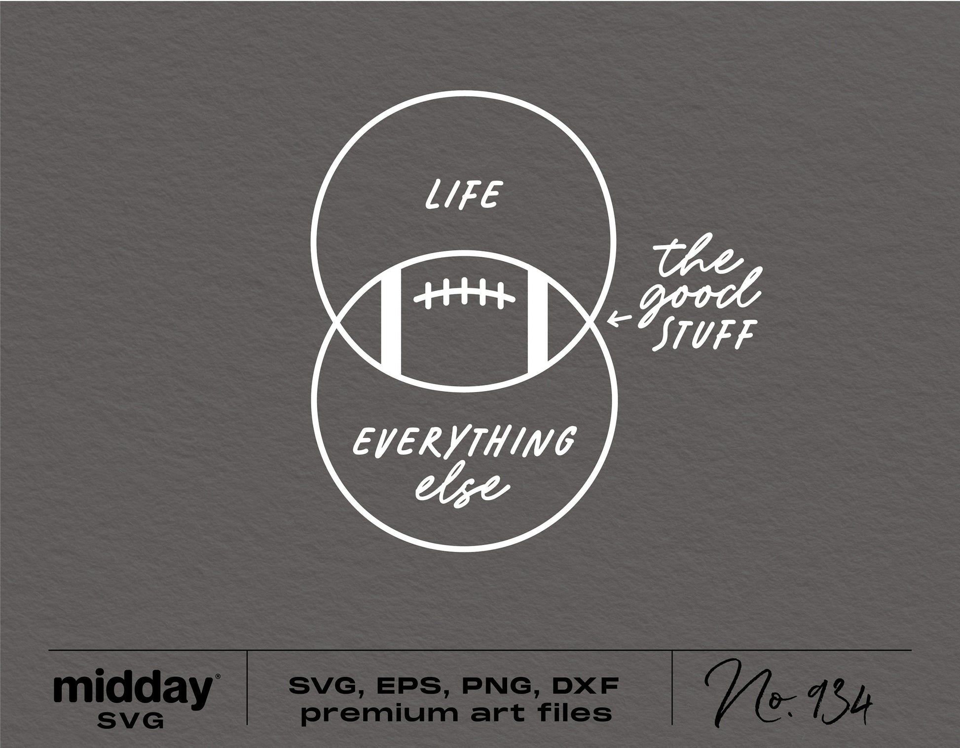 Funny football SVG design with Venn diagram, "Life" and "Everything Else" intersecting over a football graphic, includes "The Good Stuff."