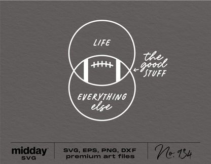 Funny football SVG design with Venn diagram, "Life" and "Everything Else" intersecting over a football graphic, includes "The Good Stuff."