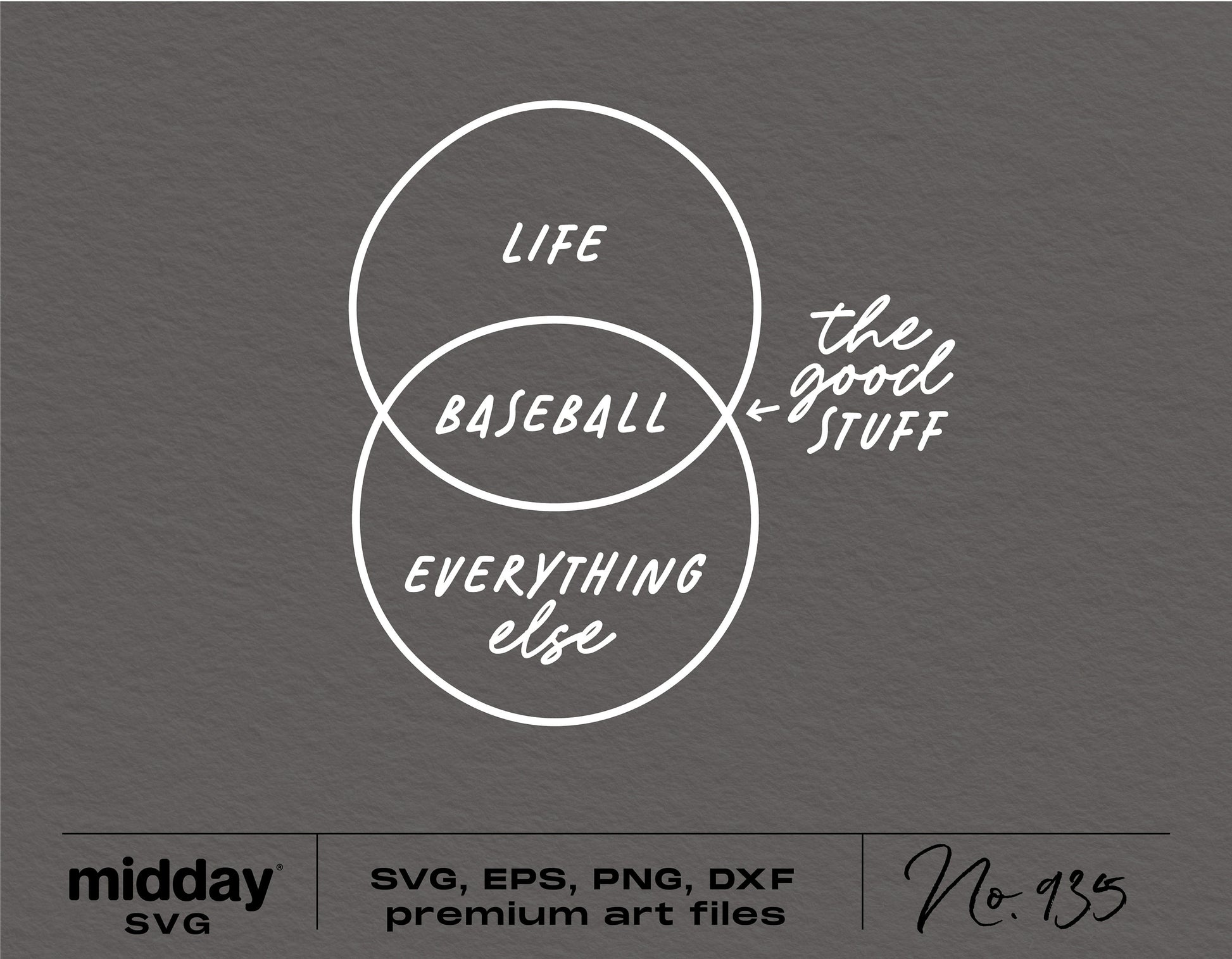 Funny baseball Venn diagram design, featuring 'Life,' 'Baseball,' and 'Everything Else,' highlighting 'The Good Stuff' within baseball.
