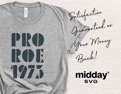 Gray shirt with 'Pro Roe 1973' design, promoting women's rights and political statement with satisfaction guarantee.