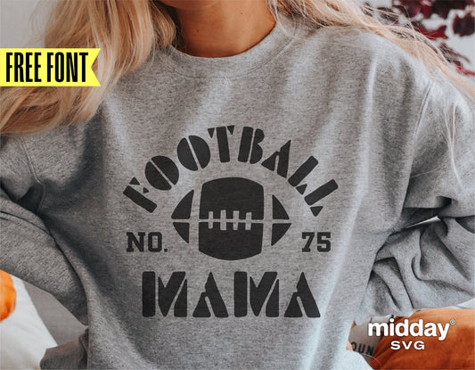 Gray sweatshirt featuring a "Football Mama" design with a football graphic and free font by Midday SVG.