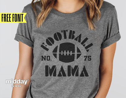 Woman wearing a grey t-shirt with "Football Mama" design in black, suitable for Cricut and Silhouette crafting