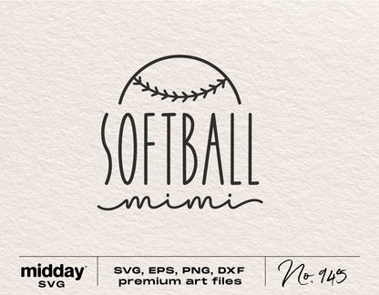 Softball Mimi SVG design featuring a softball graphic with various cut file formats including SVG, EPS, PNG, and DXF, perfect for Cricut.
