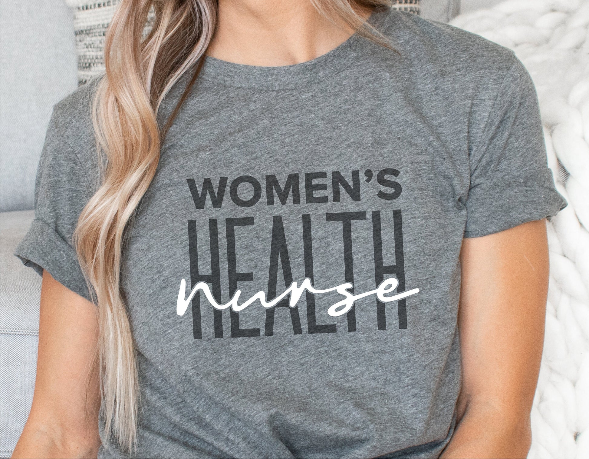 Gray t-shirt with the text 'Women's Health Nurse' worn by a person, ideal for nurses, available as SVG, PNG for Cricut, Silhouette.