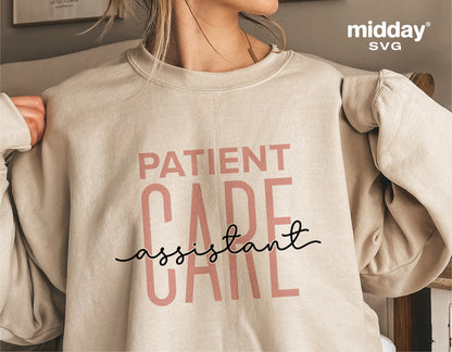 Patient Care Assistant shirt design featured on beige sweatshirt, suitable for Cricut and Silhouette cutting machines.