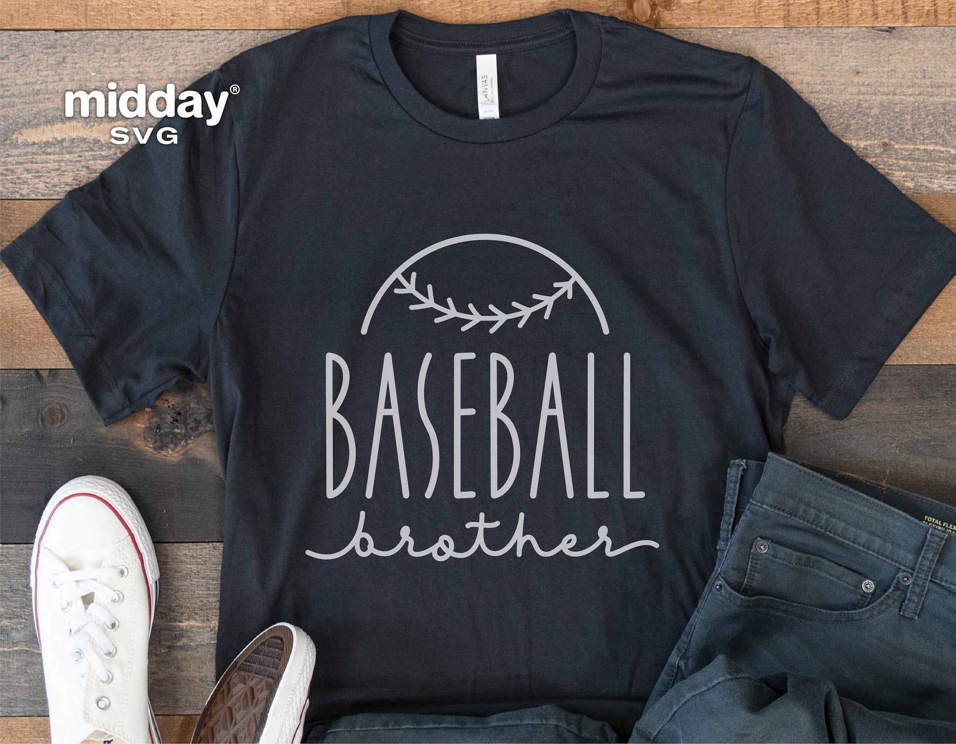 Black t-shirt with 'Baseball Brother' design, paired with jeans and white sneakers, suitable for Cricut and Silhouette projects.