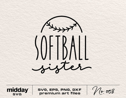 Softball Sister SVG design for Cricut, Silhouette, sublimation, featuring baseball seam graphic and text for crafting projects.