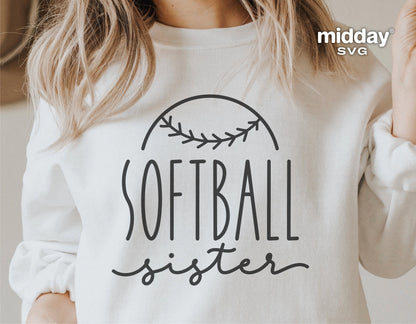 Softball Sister shirt design displayed on a cream-colored sweatshirt, perfect for sublimation and crafting projects with Cricut or Silhouette.