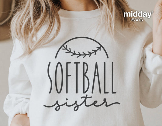 Softball Sister shirt design displayed on a cream-colored sweatshirt, perfect for sublimation and crafting projects with Cricut or Silhouette.