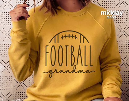 Yellow sweatshirt with 'Football Grandma' design, ideal for Cricut and Silhouette crafts.