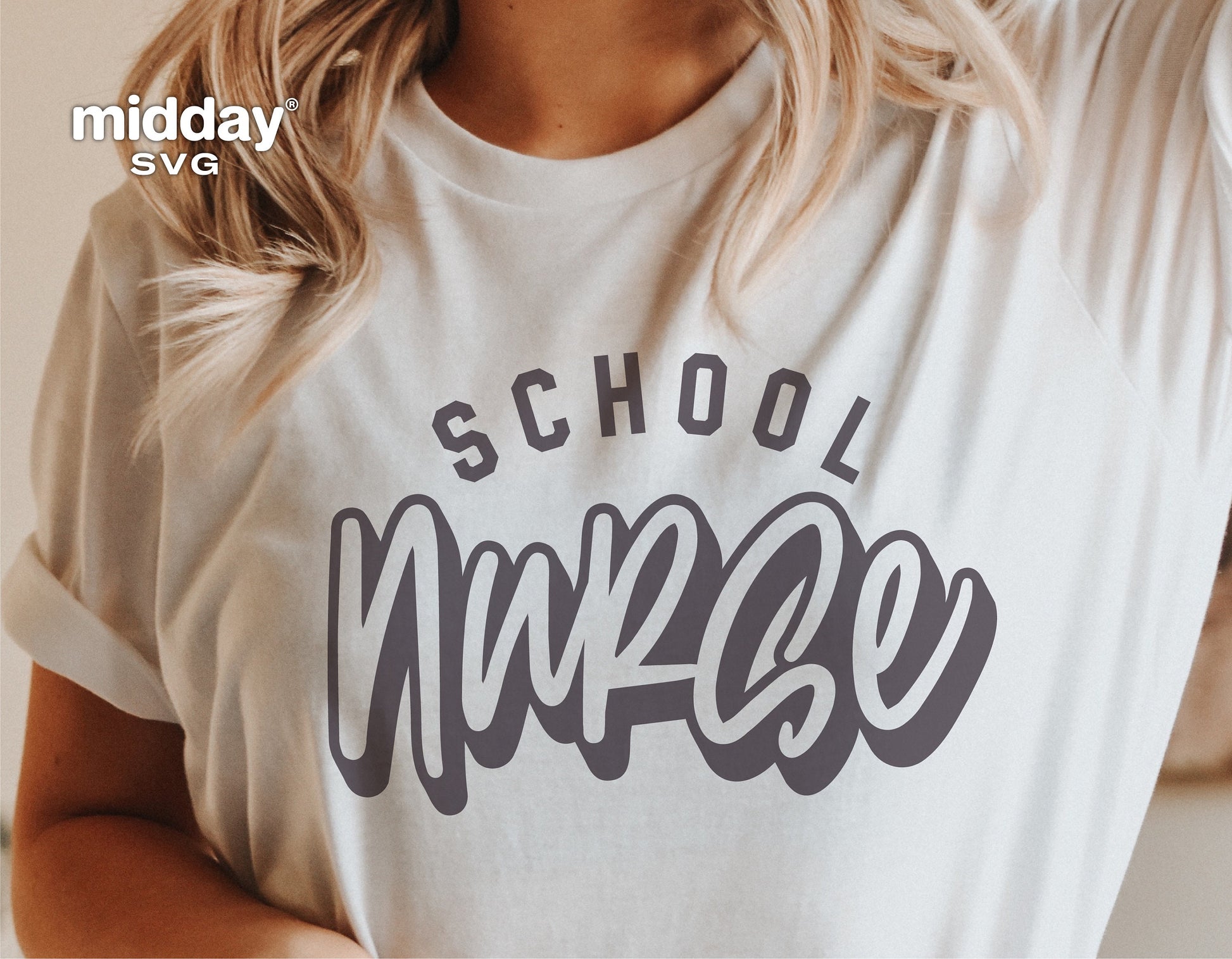 Woman wearing a white t-shirt with 'School Nurse' graphic design, ideal for sublimation, Cricut, and Silhouette projects.