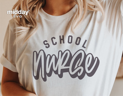 Woman wearing a white t-shirt with 'School Nurse' graphic design, ideal for sublimation, Cricut, and Silhouette projects.