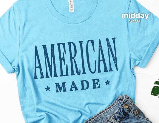 Blue T-shirt with 'American Made' text, perfect for 4th of July, featuring patriotic SVG design for Cricut and Silhouette projects.