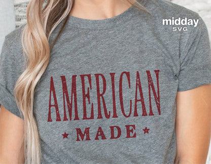 Gray t-shirt with 'American Made' text, suitable for 4th of July and patriotic events, features Cricut cut file designs.