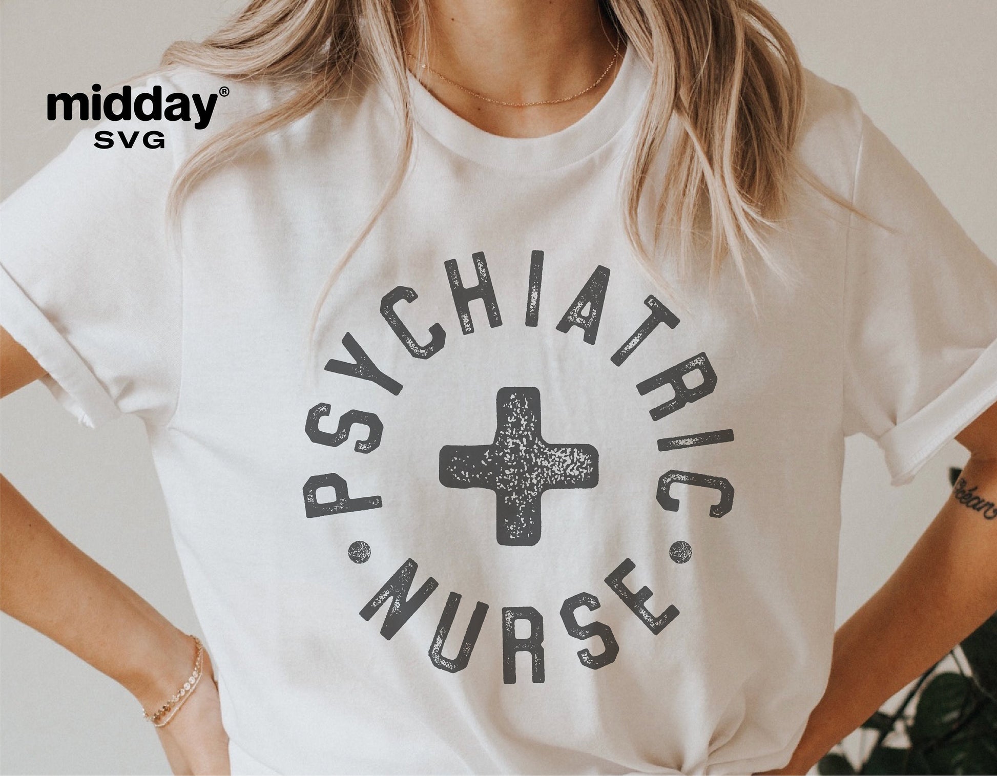 White t-shirt featuring a bold 'Psychiatric Nurse' design perfect for Cricut or Silhouette projects with SVG, PNG, DXF, EPS files.