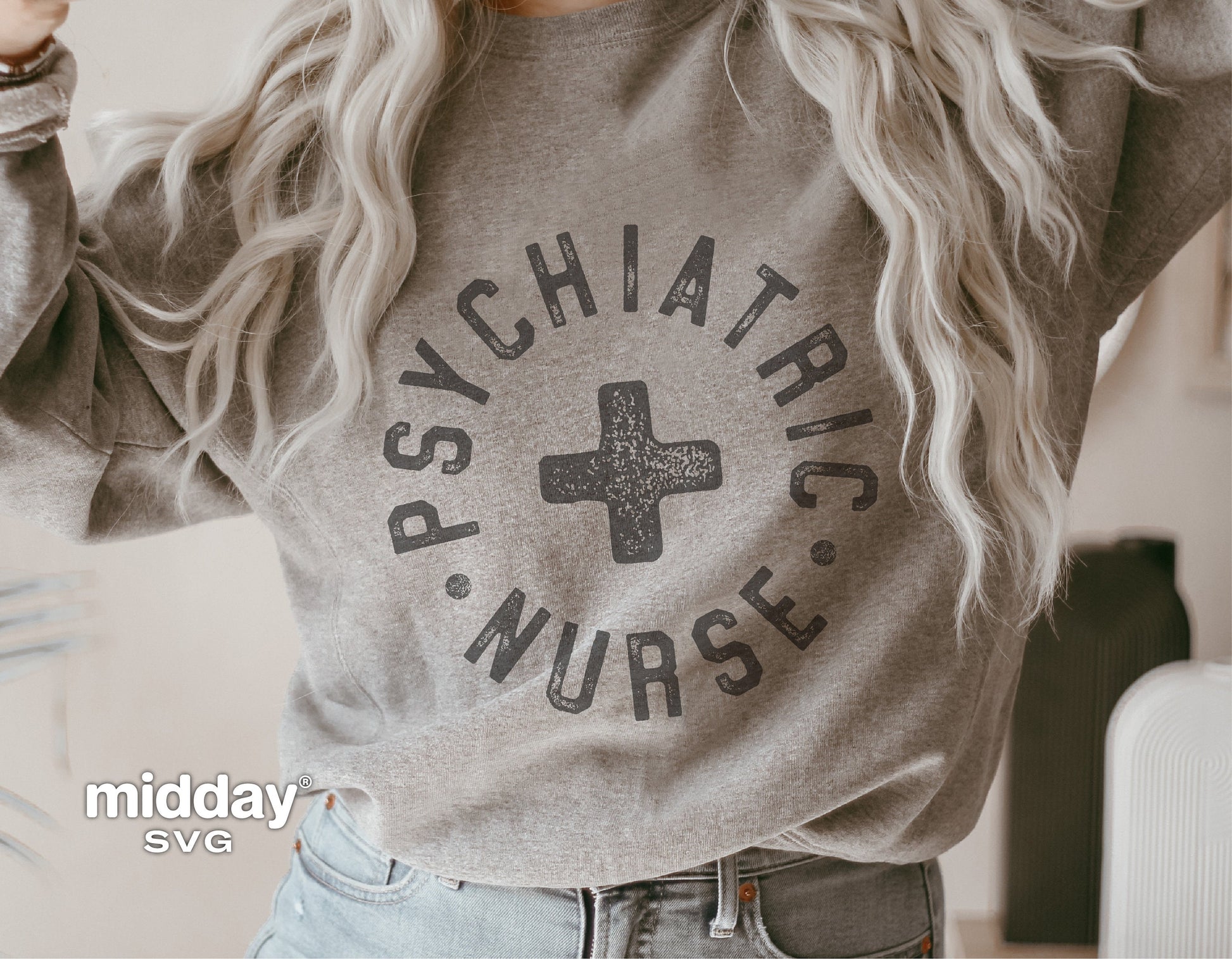 Woman wearing a gray Psychiatric Nurse shirt design, ideal for Cricut and sublimation projects.