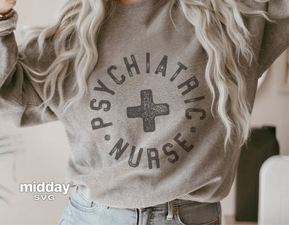 Woman wearing a gray Psychiatric Nurse shirt design, ideal for Cricut and sublimation projects.