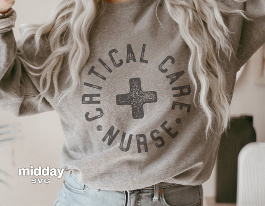 Grey sweatshirt featuring 'Critical Care Nurse' design in bold letters for healthcare professionals.