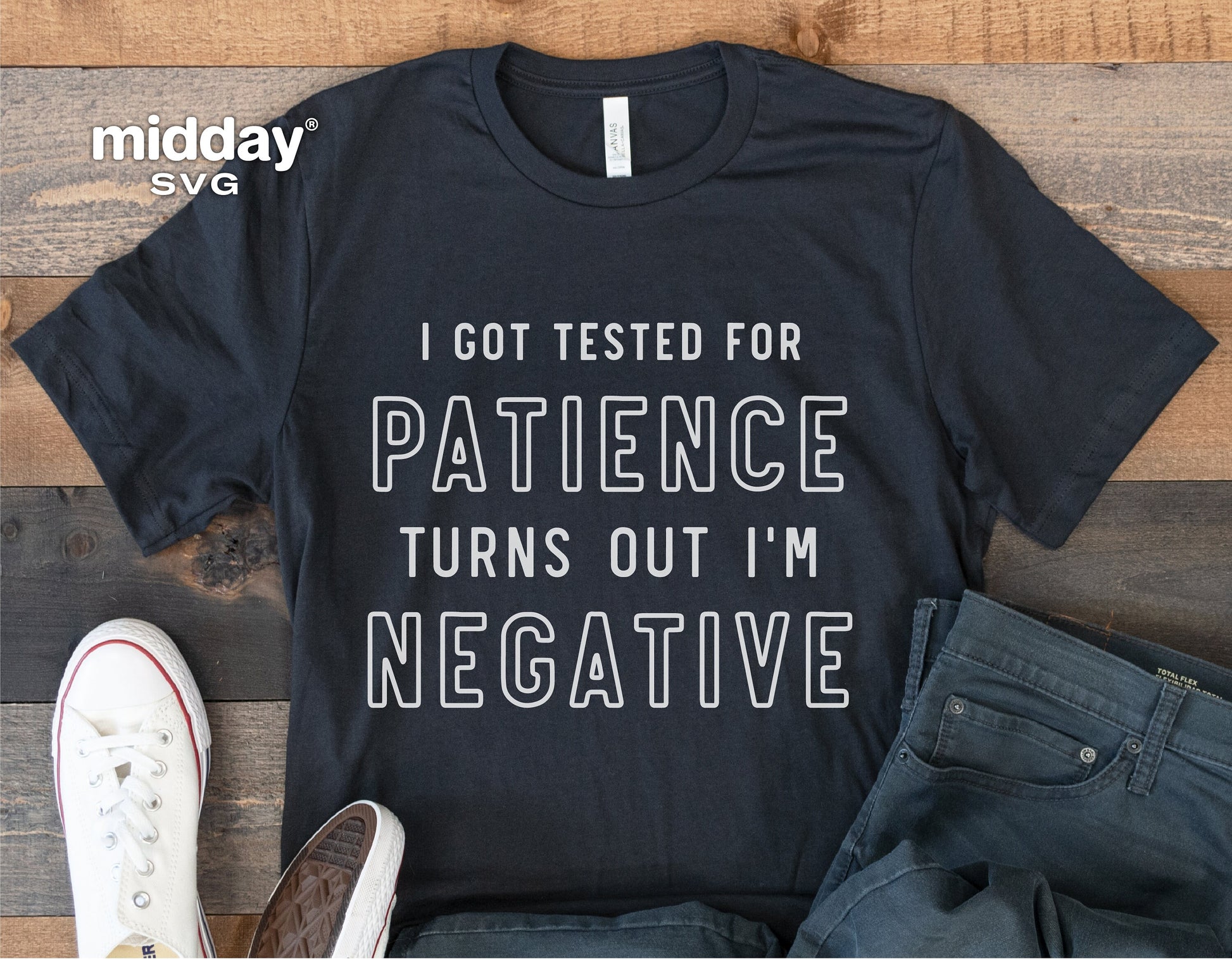 Funny teacher t-shirt with text 'I Got Tested for Patience Turns Out I'm Negative', sarcastic saying, casual fashion.