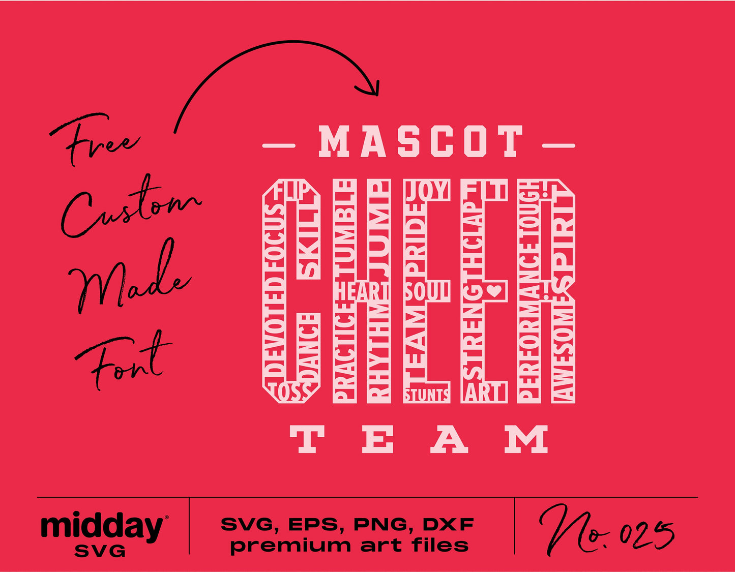 Custom Cheer Team svg design with inspirational words, perfect for Cricut and Silhouette projects. Includes free custom font offer.