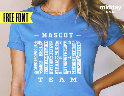 Blue t-shirt featuring a cheerleading mascot design with motivational words, ideal for cheer teams and coaches, SVG files included.