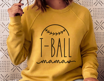 T-Ball Mamaw design on a yellow sweatshirt, perfect for Cricut and Silhouette projects, featuring the words 'T-Ball mamaw' with a baseball graphic.