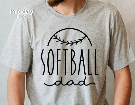 Gray t-shirt with "Softball Dad" design, featuring a softball motif, ideal for Cricut and Silhouette crafts.