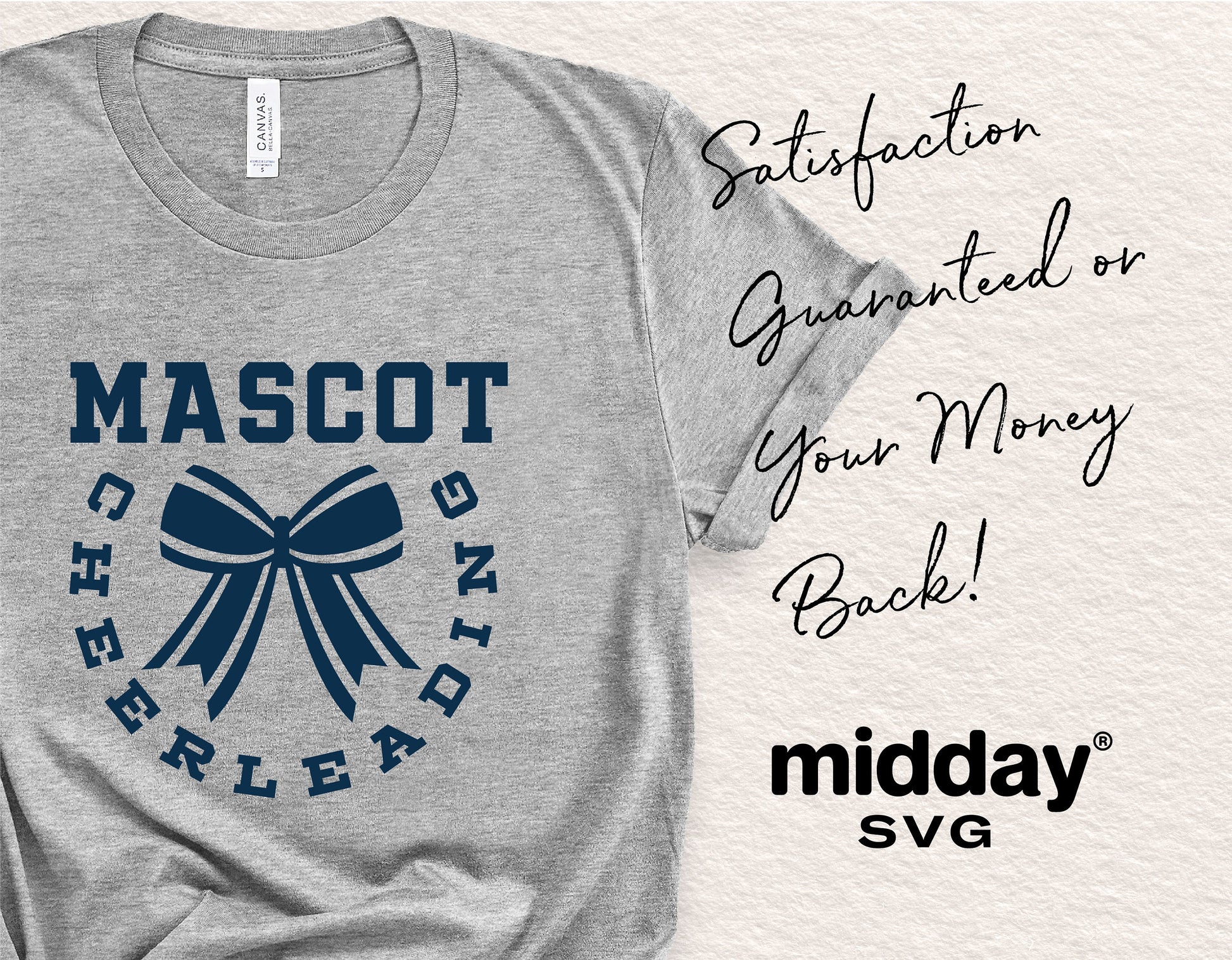 Gray cheerleading shirt with bow design and text 'Mascot Cheerleading' from midday SVG, offering satisfaction guarantee.