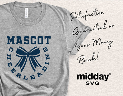 Gray cheerleading shirt with bow design and text 'Mascot Cheerleading' from midday SVG, offering satisfaction guarantee.