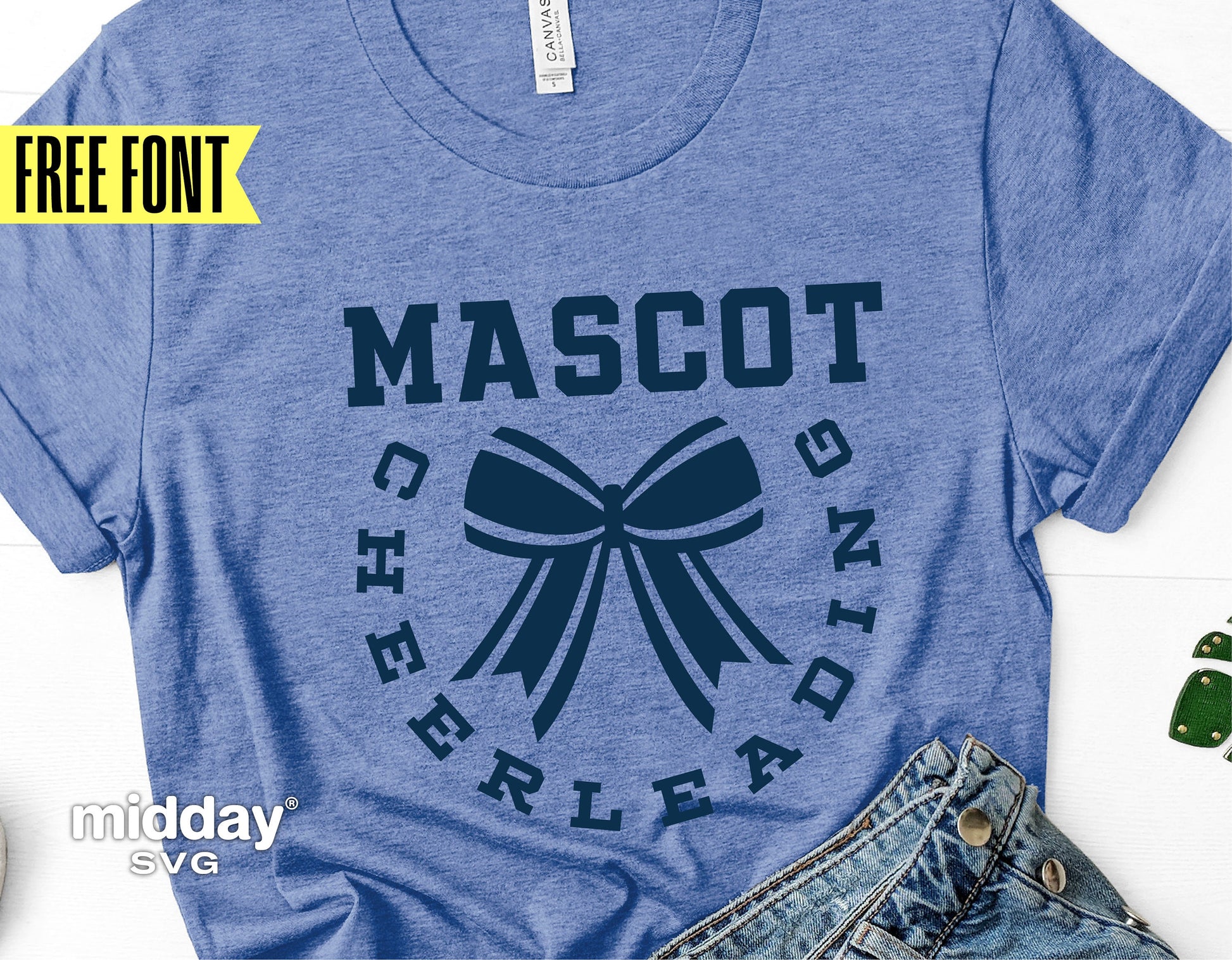 Cheerleading shirt with mascot and bow design for team spirit, featuring a free font. Perfect for Cricut and Silhouette projects.