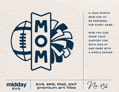 Football and Cheer Mom SVG design featuring football and megaphone with text for use in shirts, tumblers, hats, and Cricut projects.