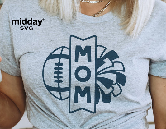 Football and cheer mom shirt design with SVG graphic of a football, pom-pom, and "MOM" banner, ideal for Cricut and Silhouette projects.