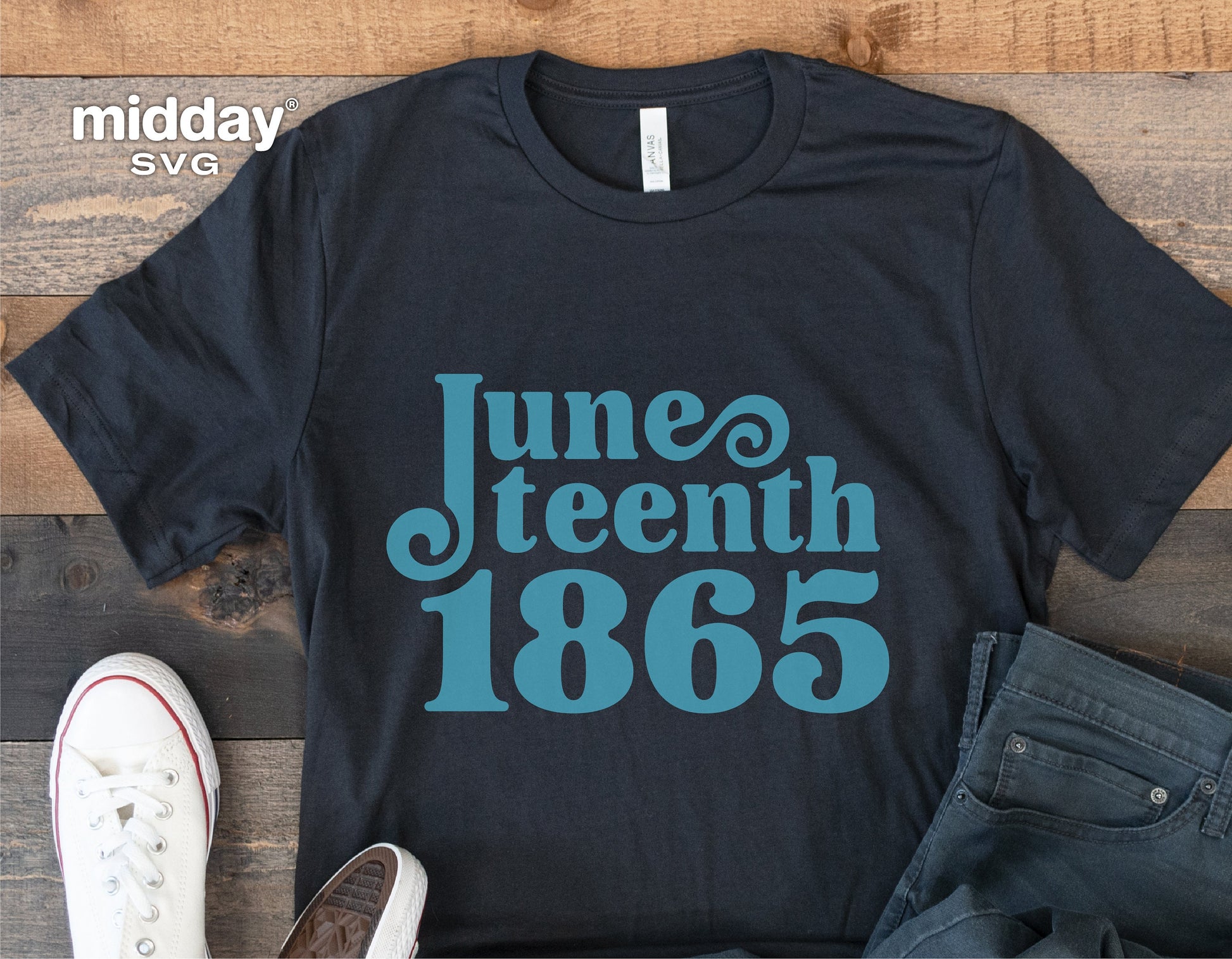 Black T-shirt with teal "Juneteenth 1865" design, promoting Juneteenth celebration; perfect for patriotic crafts and vinyl cutting.