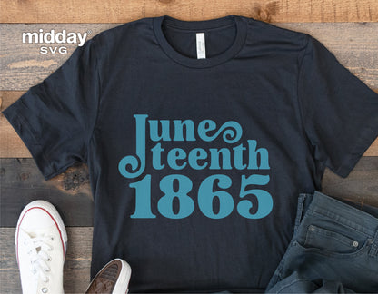 Black T-shirt with teal "Juneteenth 1865" design, promoting Juneteenth celebration; perfect for patriotic crafts and vinyl cutting.