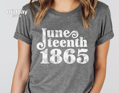 Gray t-shirt with white 'Juneteenth 1865' logo, perfect for Juneteenth celebrations and crafting projects.