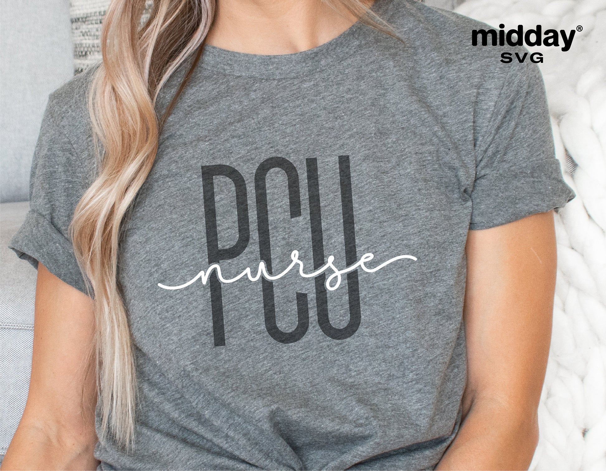 Gray shirt with PCU Nurse text design, perfect for Progressive Care Unit healthcare professionals and Cricut projects.