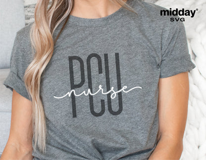Gray shirt with PCU Nurse text design, perfect for Progressive Care Unit healthcare professionals and Cricut projects.